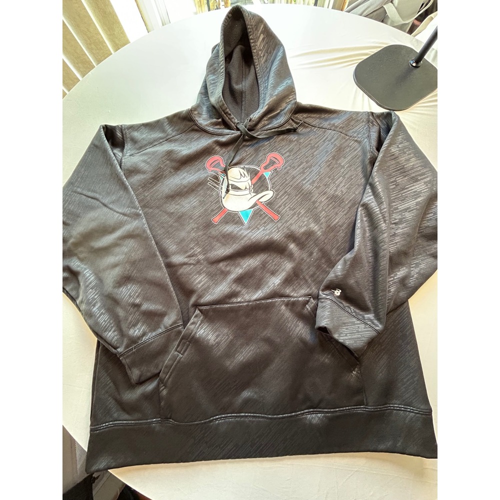 Badger Sport Mens Large Black Tonal Streak Lacrosse Duck Graphic Hoodie Fleece